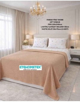 ETEHOMETEX ÇİFT KİŞİLİK %100 PAMUK HAVUZLU PİKE TAKIMI BEJ 8696474232071